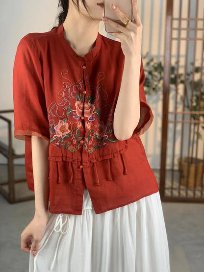 Women Summer Ethnic Flower Embroidery Button-up Ramie Shirt CV1020 Ada Fashion