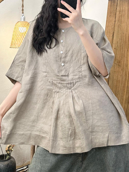 Women Summer Artsy Shirred Button Linen Loose Shirt BN1045 Ada Fashion