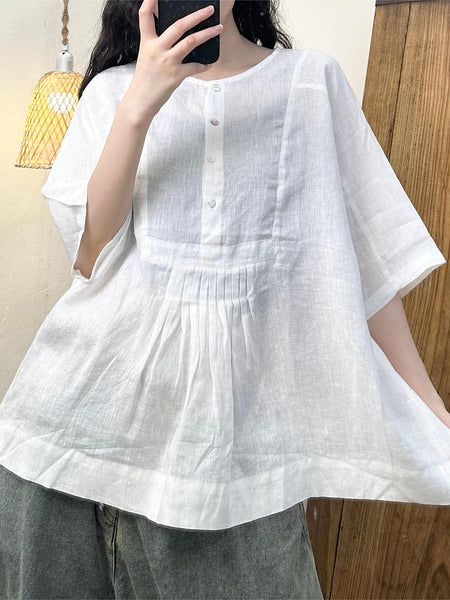 Women Summer Artsy Shirred Button Linen Loose Shirt BN1045 Ada Fashion