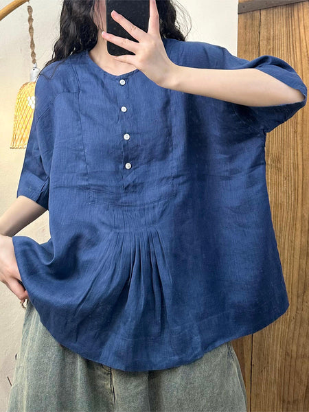 Women Summer Artsy Shirred Button Linen Loose Shirt BN1045 Ada Fashion