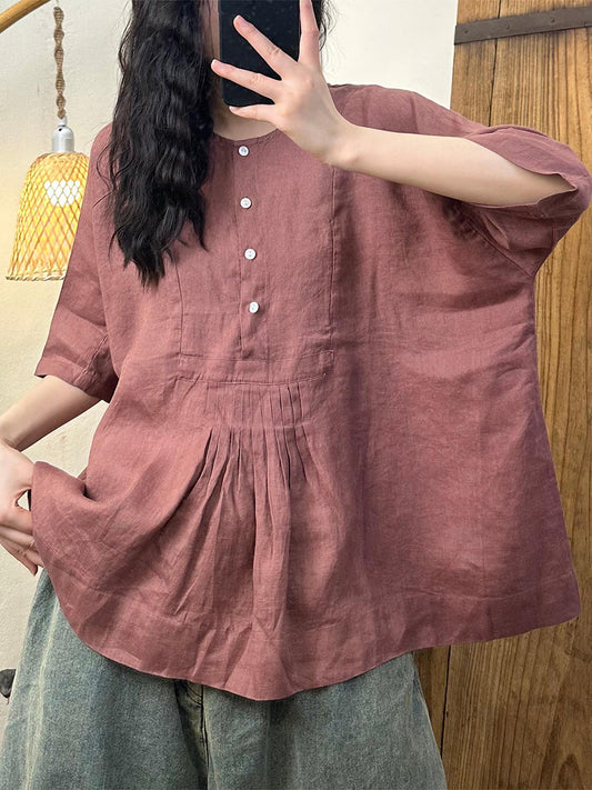 Women Summer Artsy Shirred Button Linen Loose Shirt CV1004 Ada Fashion