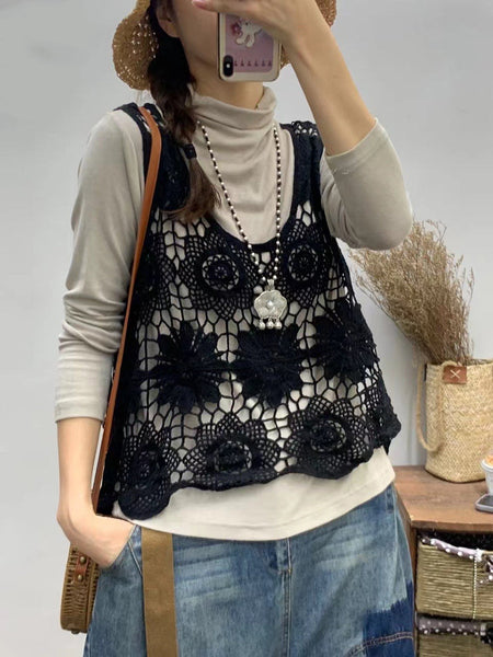 Women Summer Artsy Flower Knitted Cutout V-neck Vest CV1023 Ada Fashion