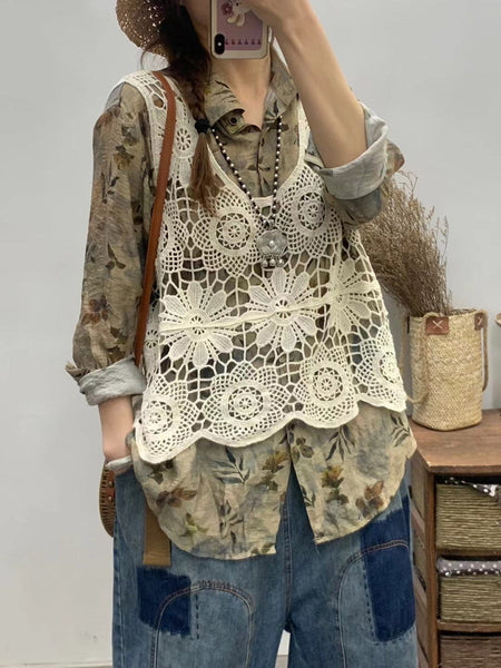 Women Summer Artsy Flower Knitted Cutout V-neck Vest CV1023 Ada Fashion