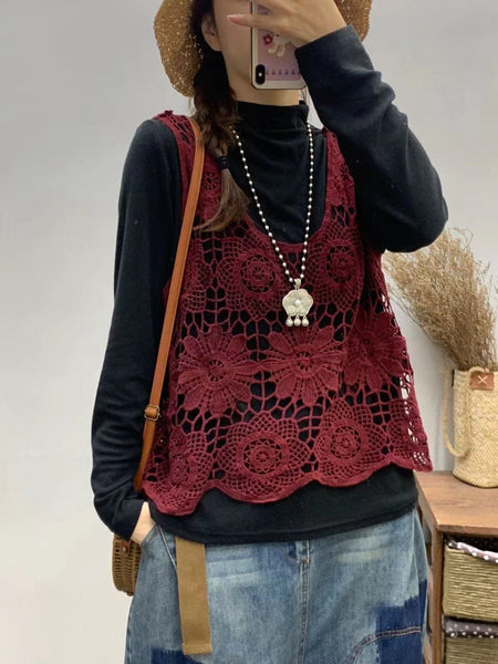 Women Summer Artsy Flower Knitted Cutout V-neck Vest CV1023 Ada Fashion