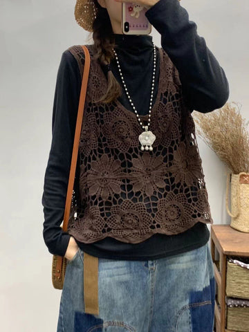 Women Summer Artsy Flower Knitted Cutout V-neck Vest CV1023 Ada Fashion