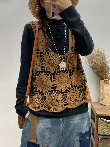 Women Summer Artsy Flower Knitted Cutout V-neck Vest CV1023 Ada Fashion