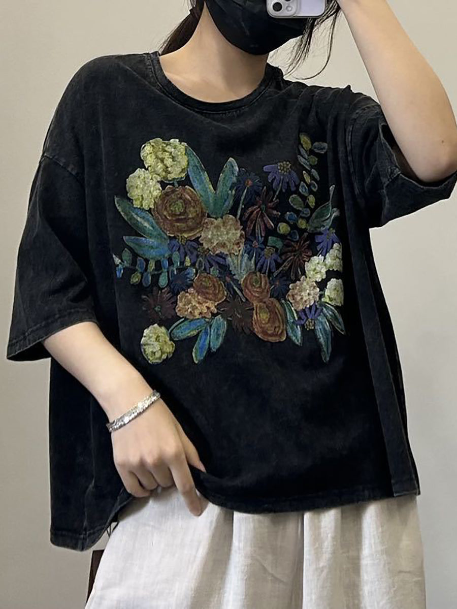 Women Casual Flower Summer Cotton Pullover Shirt OP1050 BUYKUD