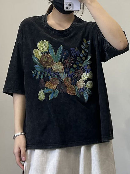 Women Casual Flower Summer Cotton Pullover Shirt OP1050 BUYKUD