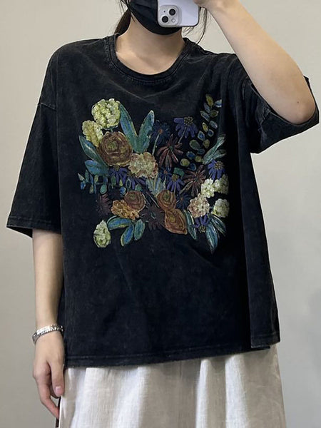 Women Casual Flower Summer Cotton Pullover Shirt OP1050 BUYKUD