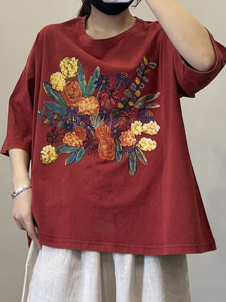 Women Casual Flower Summer Cotton Pullover Shirt OP1050 BUYKUD
