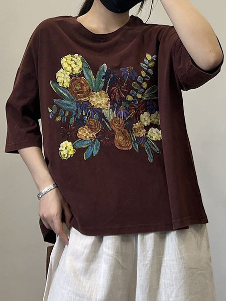 Women Casual Flower Summer Cotton Pullover Shirt OP1050 BUYKUD