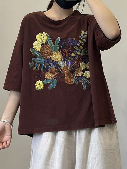 Women Casual Flower Summer Cotton Pullover Shirt OP1050 BUYKUD