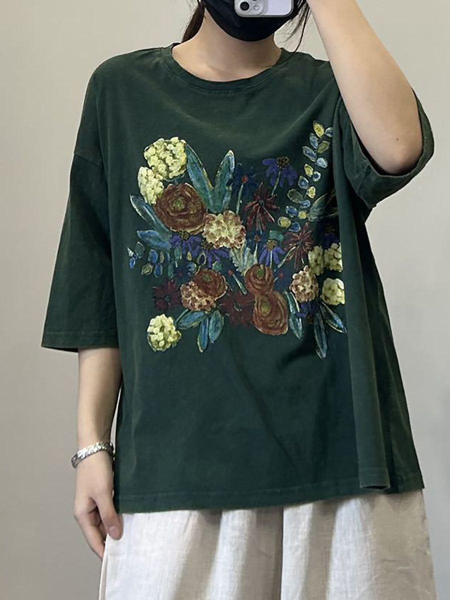 Women Casual Flower Summer Cotton Pullover Shirt OP1050 BUYKUD