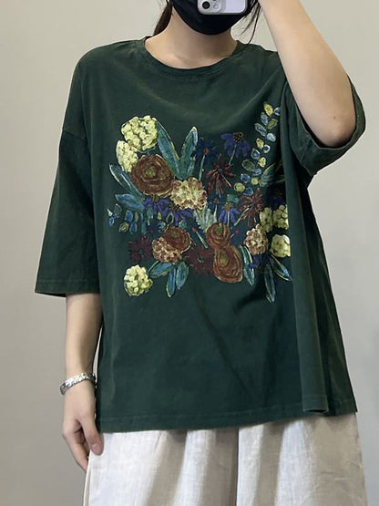 Women Casual Flower Summer Cotton Pullover Shirt OP1050 BUYKUD