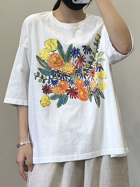 Women Casual Flower Summer Cotton Pullover Shirt OP1050 BUYKUD