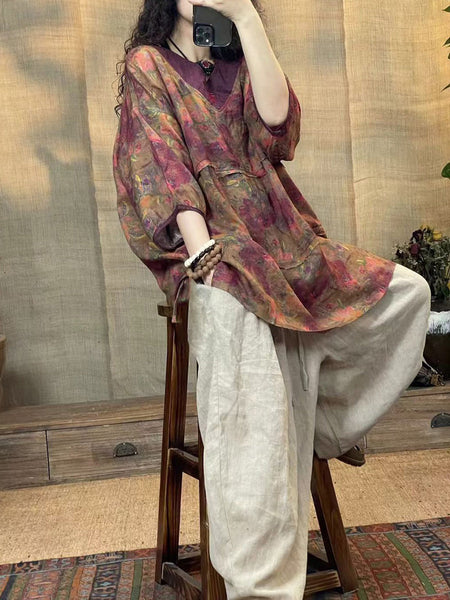 Women Summer Vintage Flower Spliced V-Neck Ramie Shirt OP1036 BUYKUD