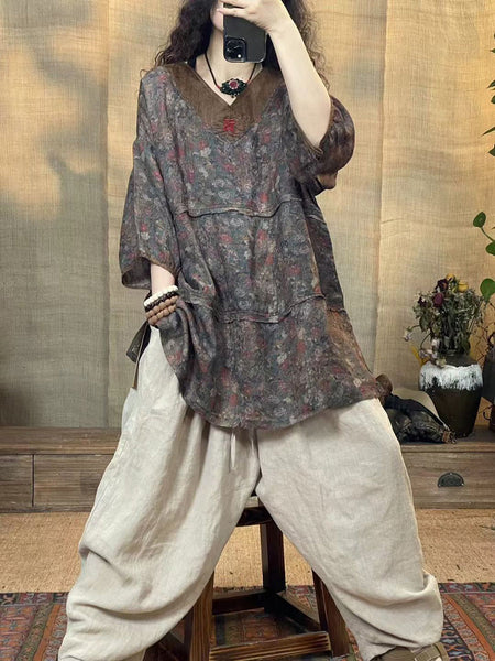 Women Summer Vintage Flower Spliced V-Neck Ramie Shirt OP1036 BUYKUD