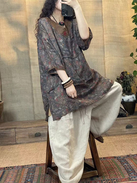 Women Summer Vintage Flower Spliced V-Neck Ramie Shirt OP1036 BUYKUD