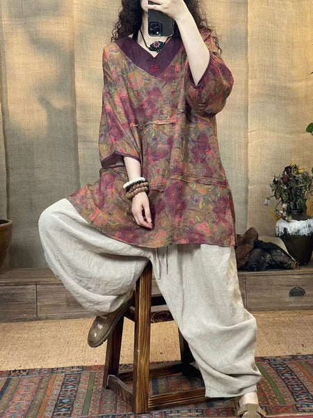 Women Summer Vintage Flower Spliced V-Neck Ramie Shirt OP1036 BUYKUD