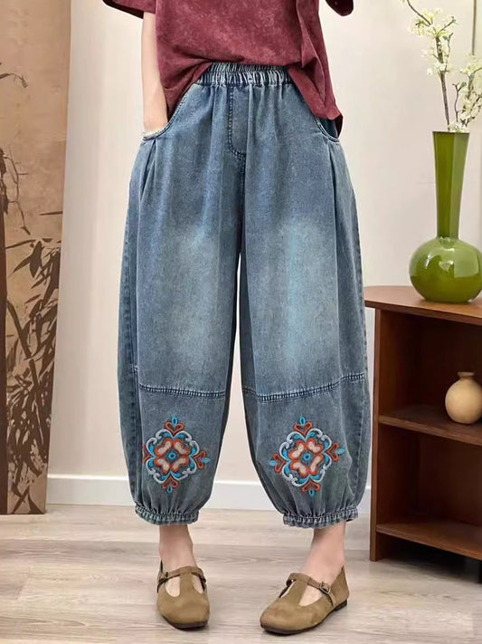 Women Summer Vintage Floral Embroidery Denim Pants OP1037 BUYKUD