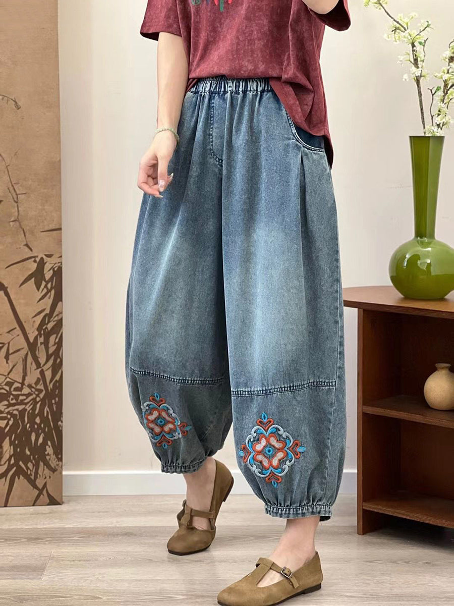 Women Summer Vintage Floral Embroidery Denim Pants OP1037 BUYKUD