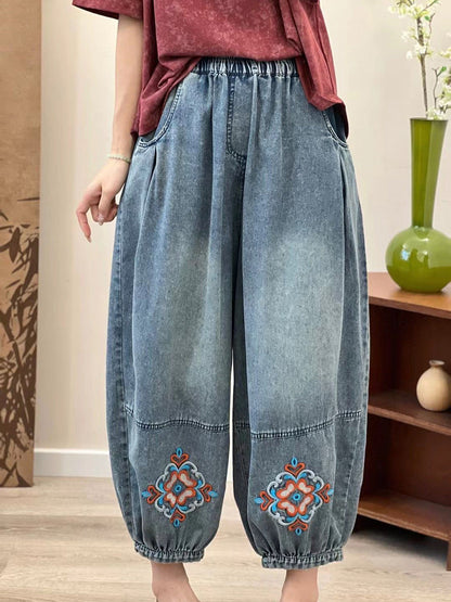 Women Summer Vintage Floral Embroidery Denim Pants OP1037 BUYKUD