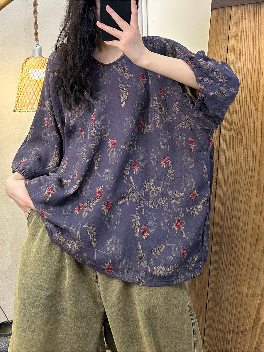 Women Summer Floral Artsy V-Neck Cotton Shirt OP1035 BUYKUD