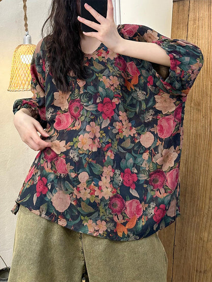 Women Summer Floral Artsy V-Neck Cotton Shirt OP1035 BUYKUD