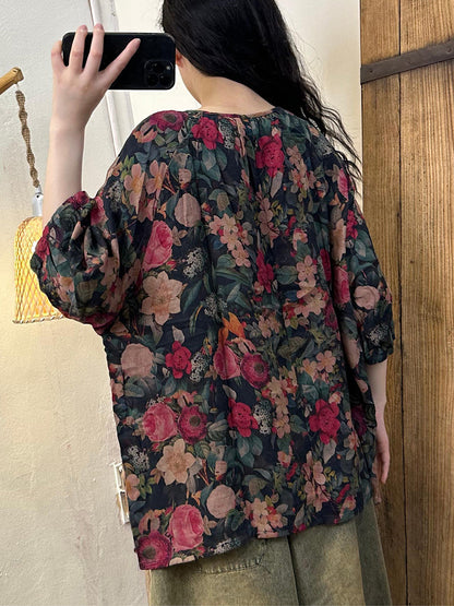 Women Summer Floral Artsy V-Neck Cotton Shirt OP1035 BUYKUD