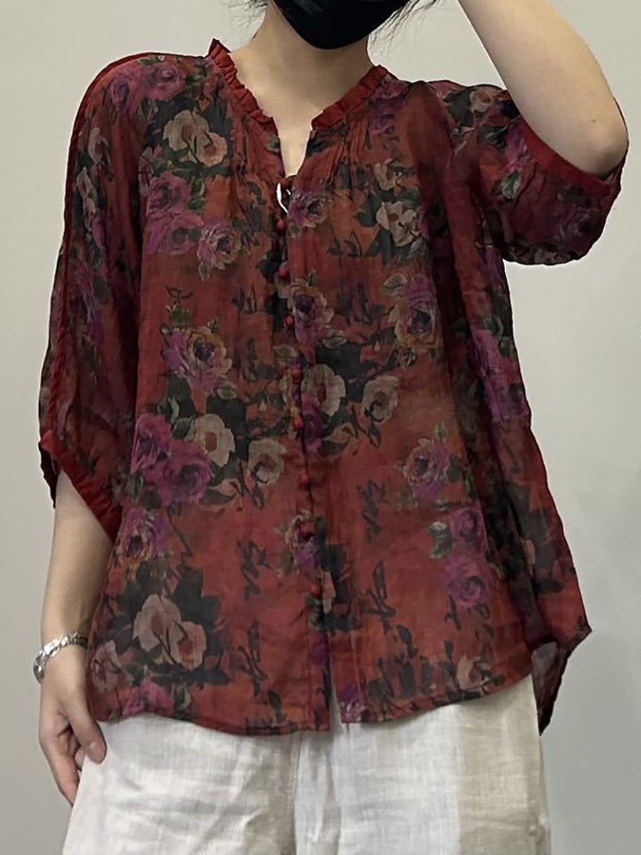 Women Summer Vintage Flower Button-Up V-Neck Ramie Shirt OP1054 ZMMM