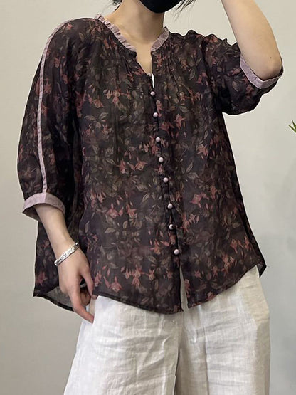 Women Summer Vintage Flower Button-Up V-Neck Ramie Shirt OP1054 ZMMM