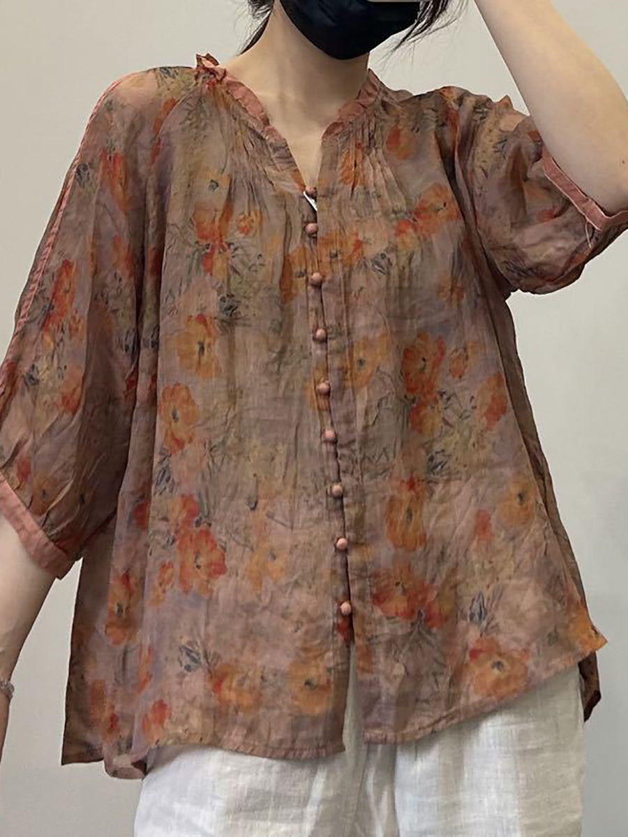 Women Summer Vintage Flower Button-Up V-Neck Ramie Shirt OP1054 ZMMM