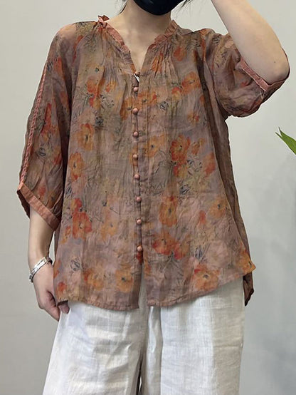 Women Summer Vintage Flower Button-Up V-Neck Ramie Shirt OP1054 ZMMM