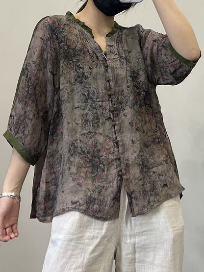 Women Summer Vintage Flower Button-Up V-Neck Ramie Shirt OP1054 ZMMM