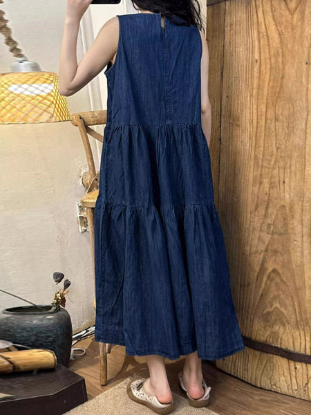 Women Summer Artsy Solid Spliced Denim Vest Dress OP1045 ZMMM