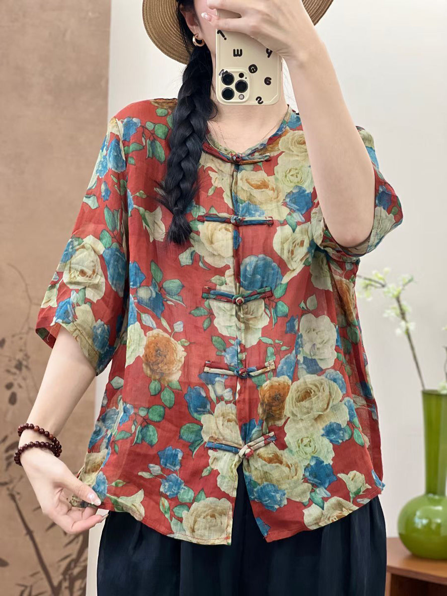 Women Summer Ethnic Flower Button-up Ramie Shirt OP1046 LPP