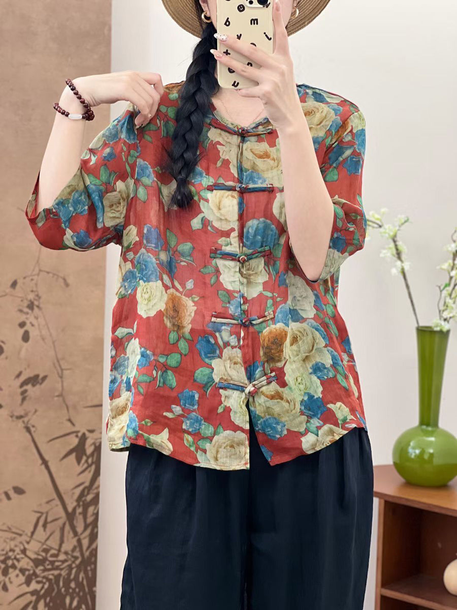 Women Summer Ethnic Flower Button-up Ramie Shirt OP1046 LPP