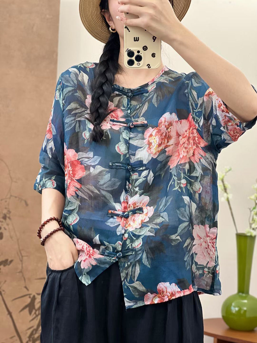 Women Summer Ethnic Flower Button-up Ramie Shirt OP1046 LPP