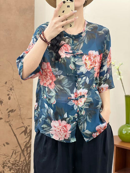 Women Summer Ethnic Flower Button-up Ramie Shirt OP1046 LPP