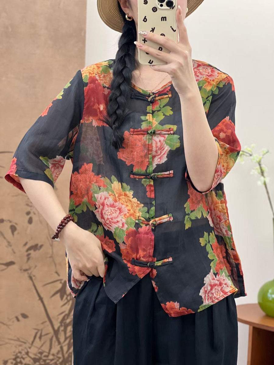 Women Summer Ethnic Flower Button-up Ramie Shirt OP1046 LPP