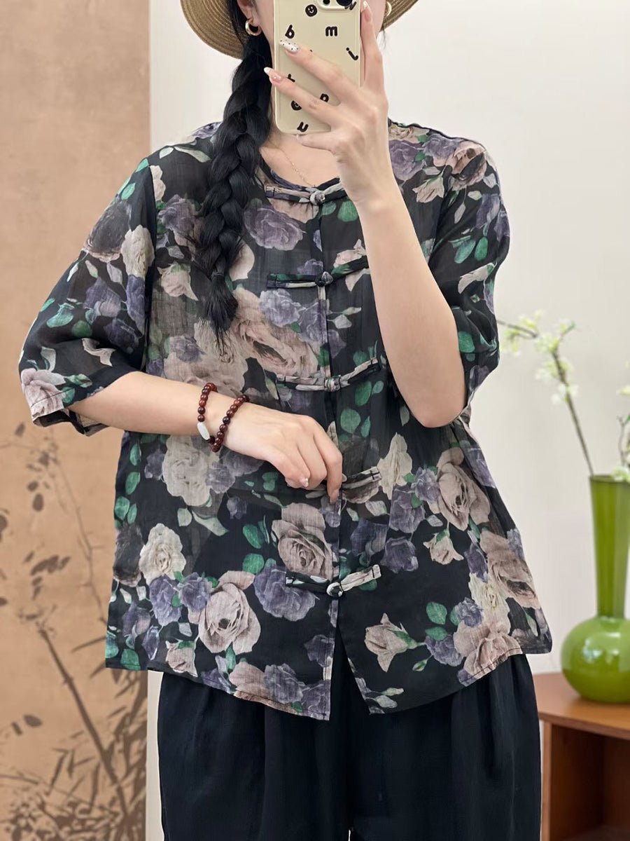 Women Summer Ethnic Flower Button-up Ramie Shirt OP1046 LPP