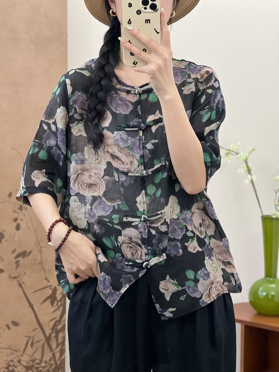 Women Summer Ethnic Flower Button-up Ramie Shirt OP1046 LPP