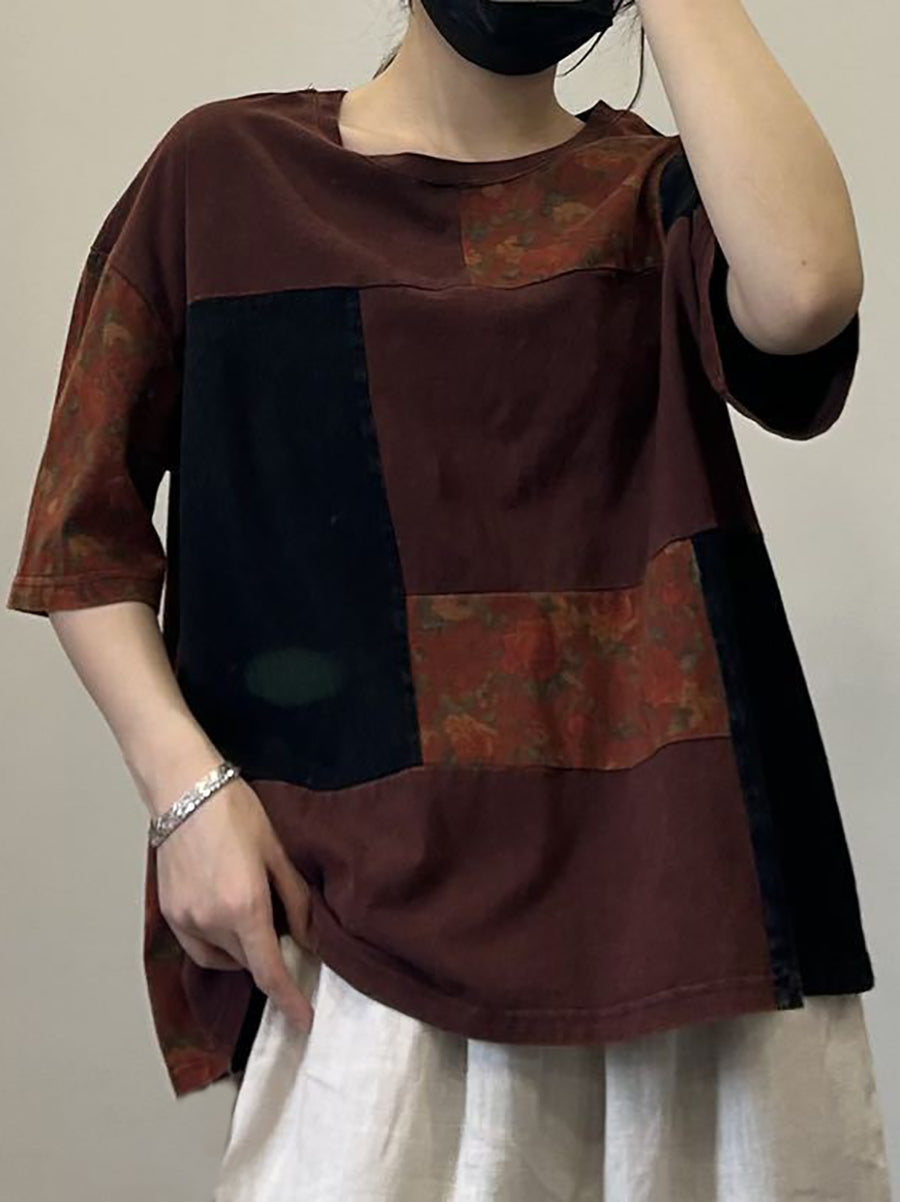 Women Summer Artsy Patch Spliced Cotton Pullover Shirt OP1053 ZMMM