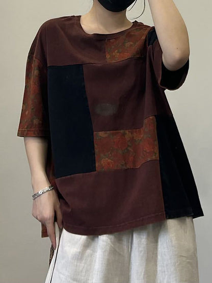 Women Summer Artsy Patch Spliced Cotton Pullover Shirt OP1053 ZMMM