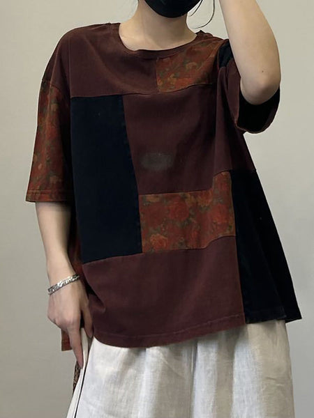 Women Summer Artsy Patch Spliced Cotton Pullover Shirt OP1053 ZMMM