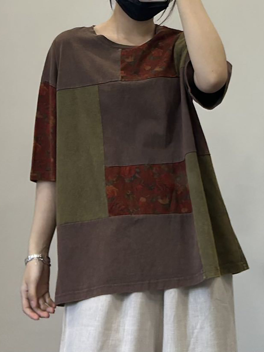 Women Summer Artsy Patch Spliced Cotton Pullover Shirt OP1053 ZMMM