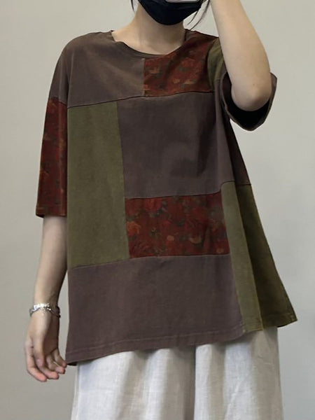 Women Summer Artsy Patch Spliced Cotton Pullover Shirt OP1053 ZMMM