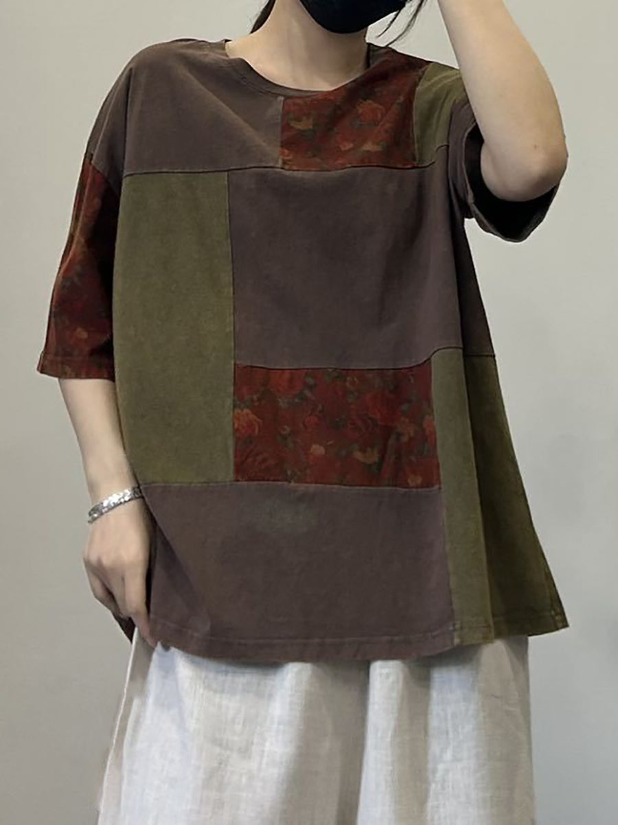 Women Summer Artsy Patch Spliced Cotton Pullover Shirt OP1053 ZMMM