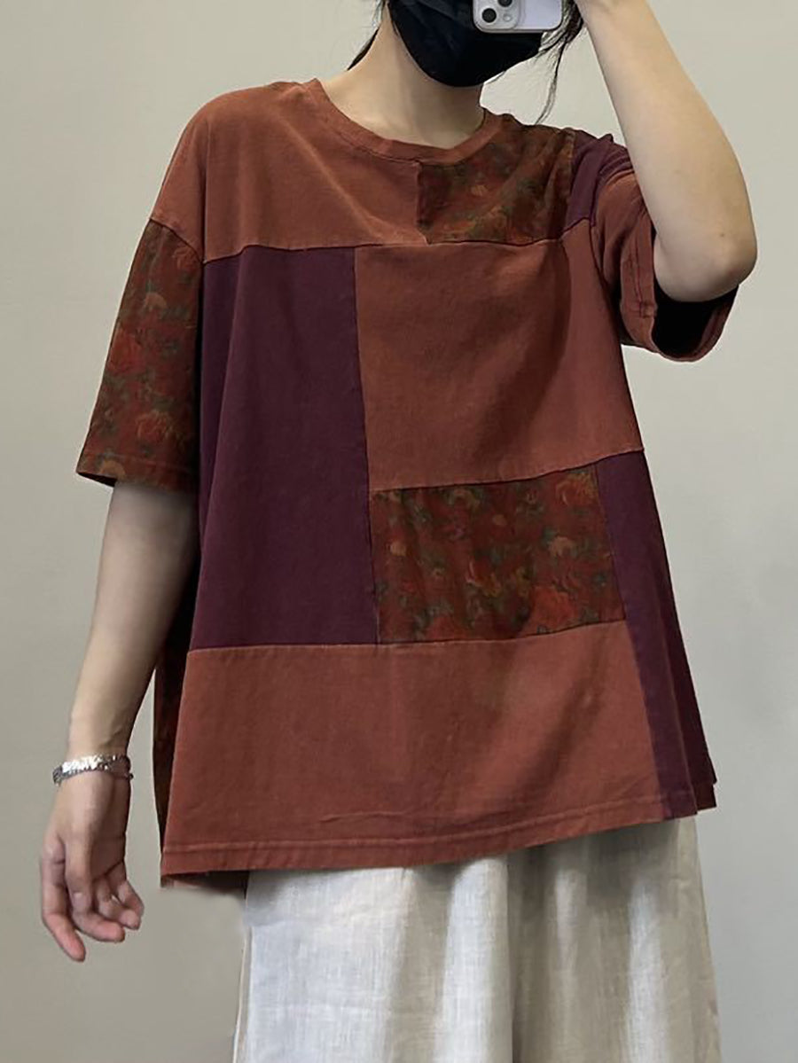 Women Summer Artsy Patch Spliced Cotton Pullover Shirt OP1053 ZMMM