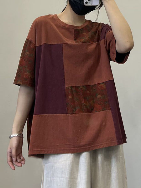 Women Summer Artsy Patch Spliced Cotton Pullover Shirt OP1053 ZMMM